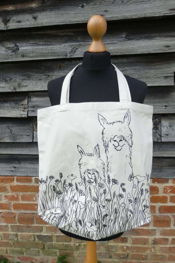 organic cotton bag with hand drawn and printed alpacas in the meadow design