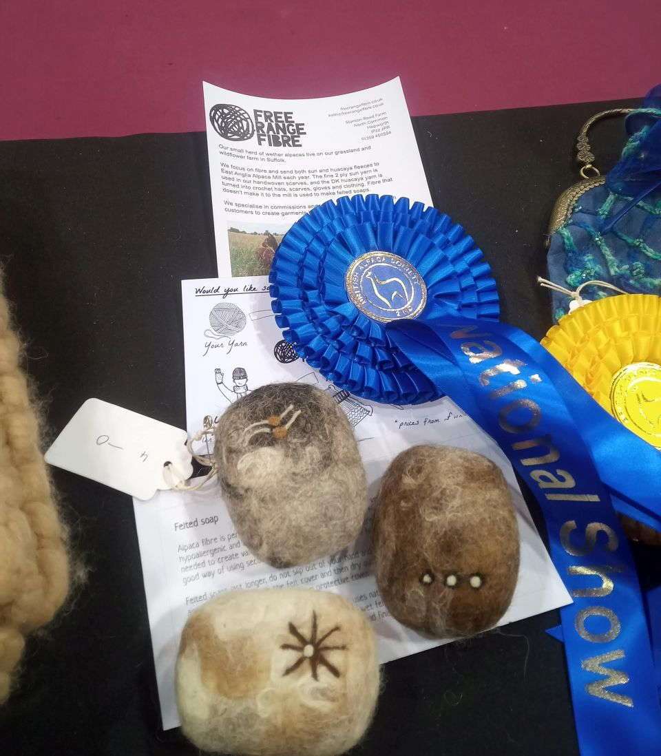 winning felted soaps displayed next to second place rosette