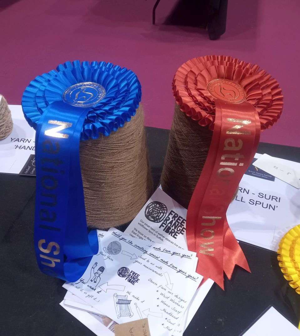 winning suri alpaca yarn displayed with first and second place rosettes