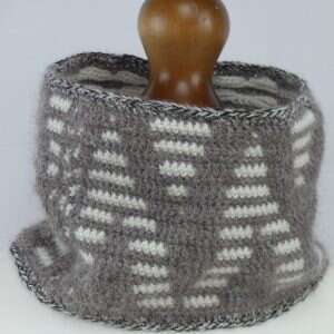 grey alpaca wool cowl with a latted white mountain design