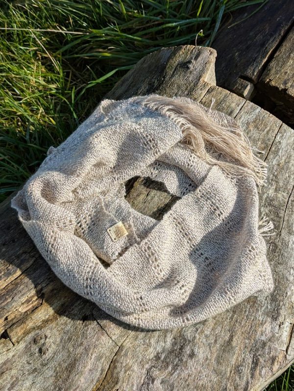 leno lace woven alpaca scarf on log