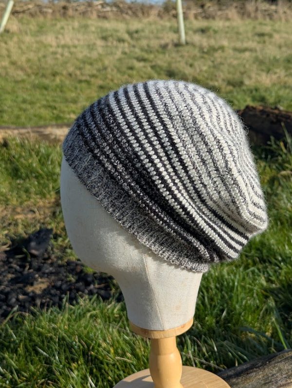 alpaca slouch beanie in black and white stripes