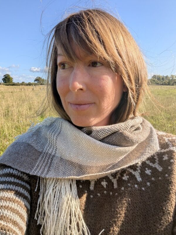 brown, cream, grey and white woven alpaca scarf