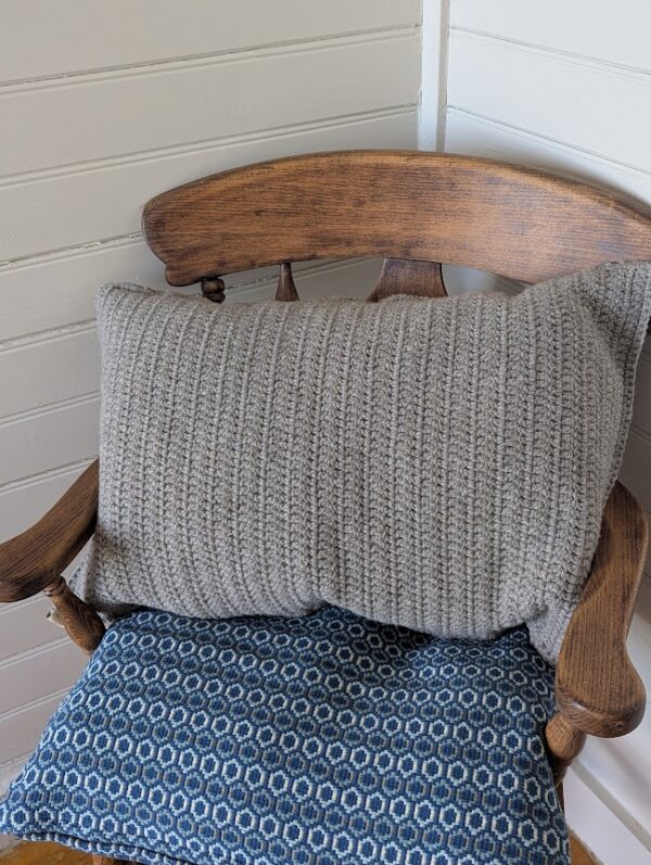 back of shetland wool crochet cushion in tern grey
