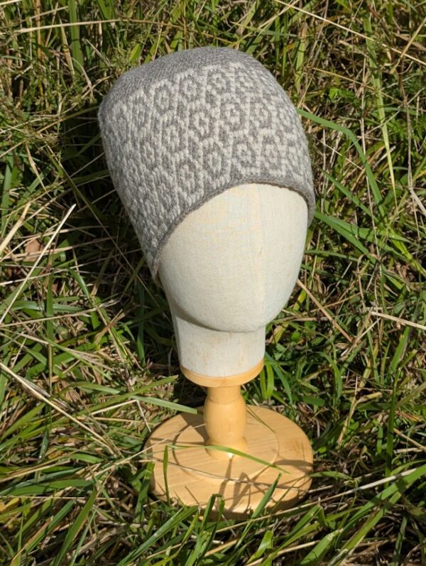 shetland wool crochet hat on display head